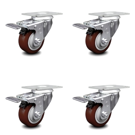 Service Caster 3 Inch Maroon Polyurethane Swivel Top Plate Caster Set with Total Lock Brake SCC SCC-TTL20S314-PPUB-MRN-4